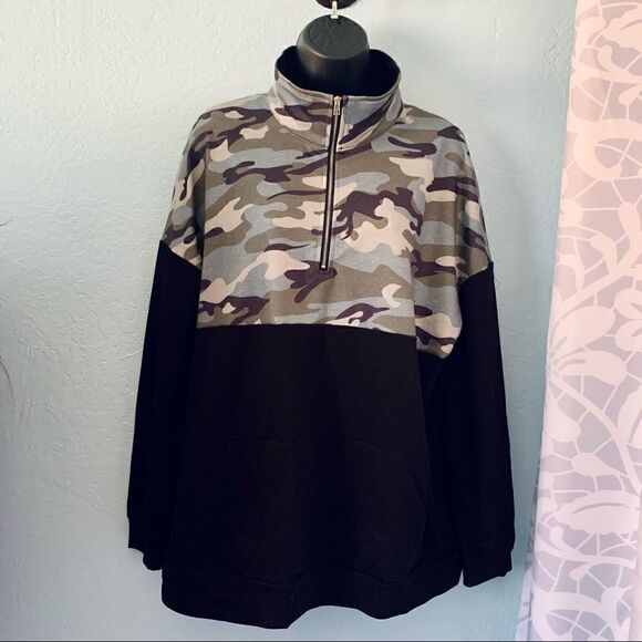 Black Color Block Camouflage 3/4 Zip Pullover Sweatshirt Size XL - Picture 2 of 9